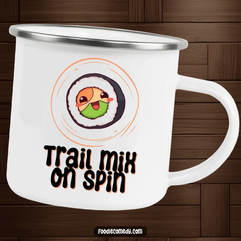 Funny sushi roll camping mug, happy sushi roll spinning, durable and portable for outdoor use.