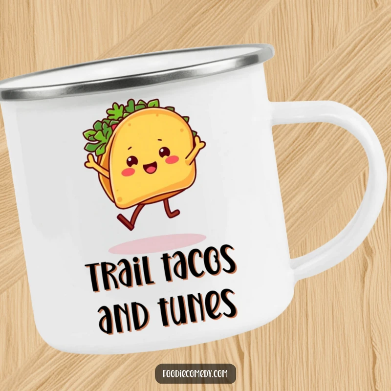 Funny Taco Camping Mug: A taco character with legs dances the salsa, ready for outdoor fiesta.