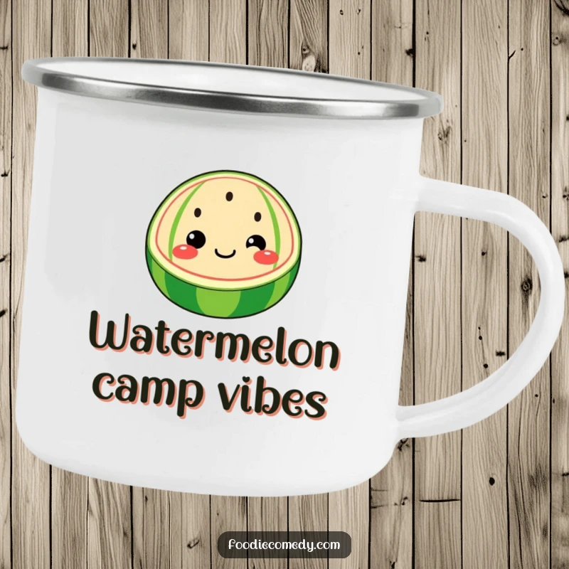 Funny watermelon camping mug with a whimsical watermelon slice doing a face and wiggling its seeds, outdoor fun.