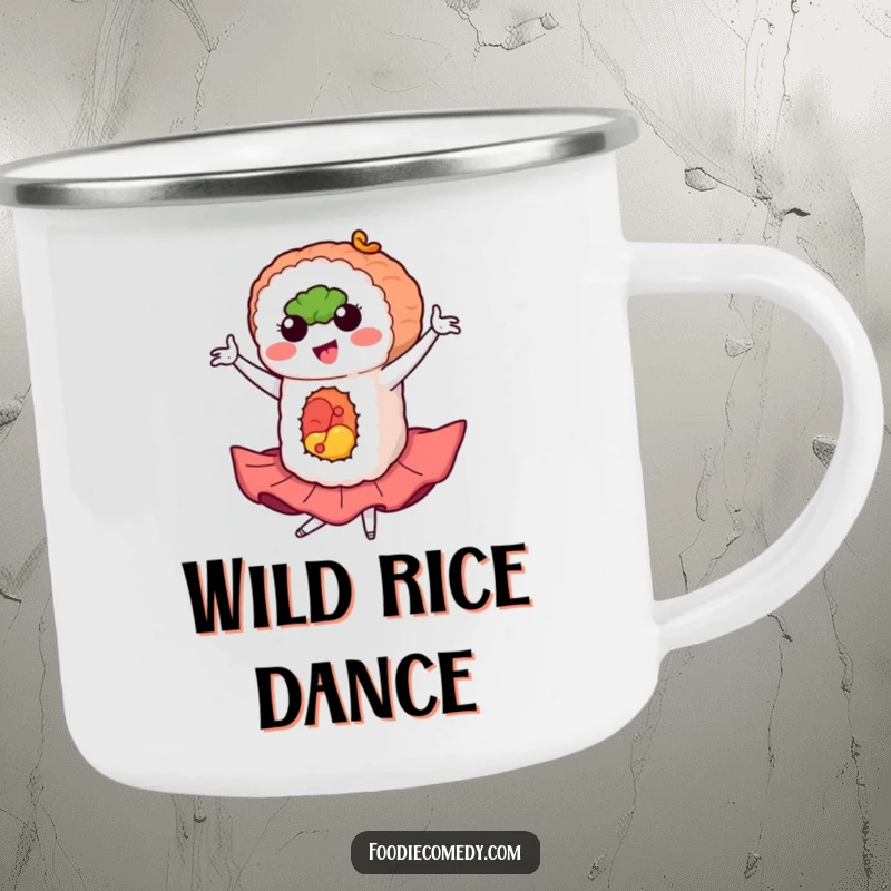 Funny sushi camping mug with a sushi roll in a flamboyant flamenco pose, ideal for outdoor enthusiasts.