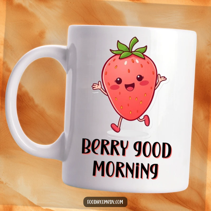 Funny strawberry mug, smiling and performing a rhythmic tap dance with energetic berry moves.
