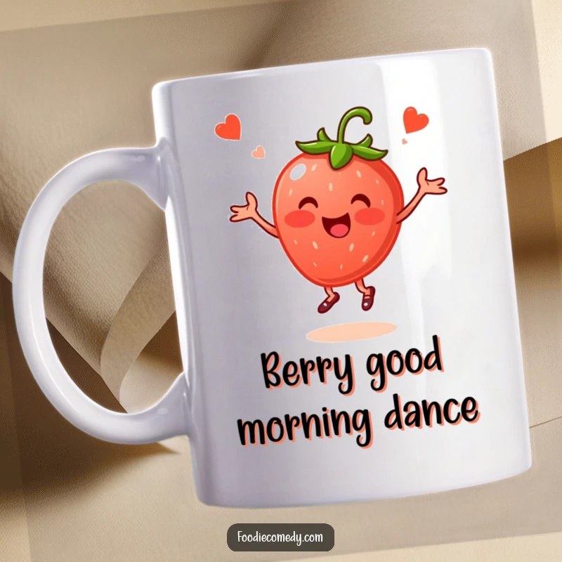 Funny Strawberry Folk Dance Mug: A cheerful strawberry performs a lively folk dance, bringing fruity fun.