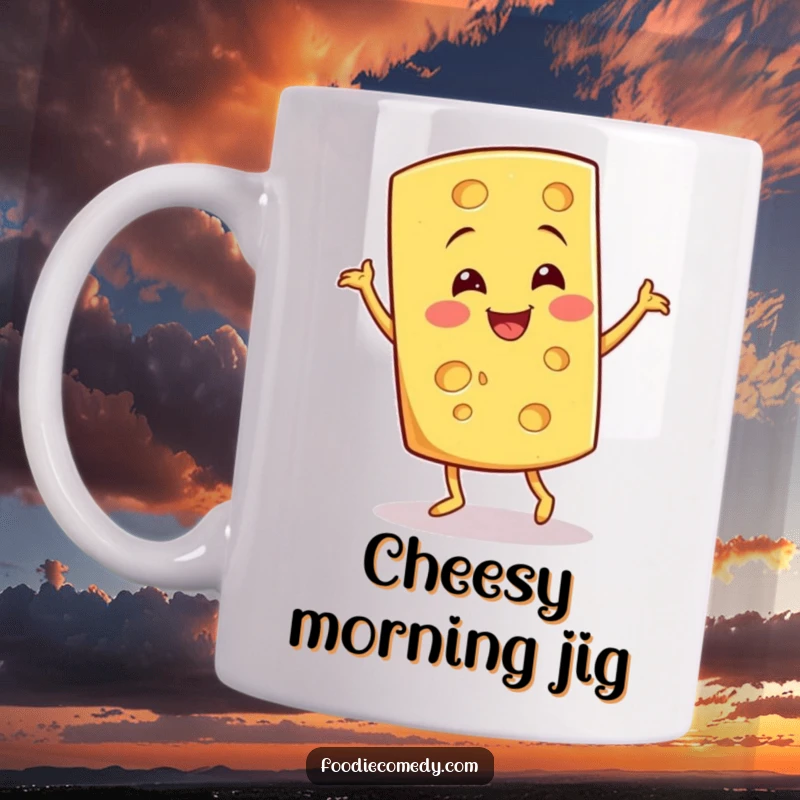 Funny Cheese Jig Mug: A smiling cheese wedge performs a fun, quirky jig, bringing dairy delight.