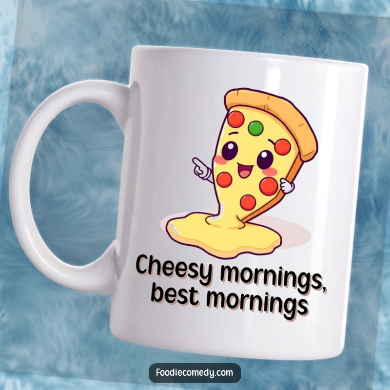 Funny mug featuring a kawaii pizza slice character excitedly pointing at a pool of dripping cheese, celebrating pizza.