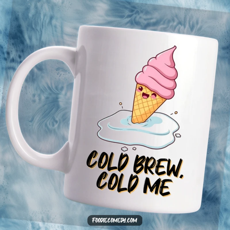 Funny gleeful ice cream cone character sliding across a frozen surface with joy, depicted on a mug, a humorous sweet gift.