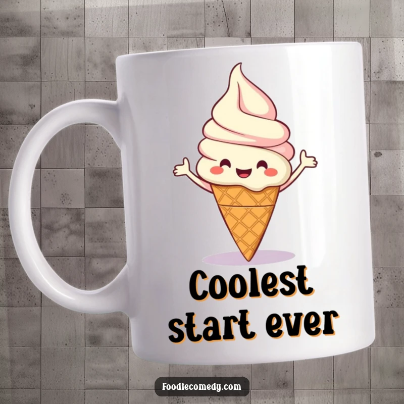 Funny mug with a happy ice cream cone character joyfully doing a cheerful boogie dance.
