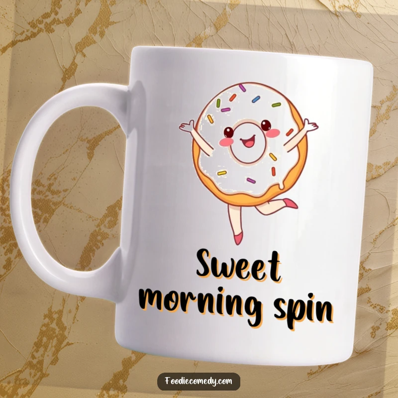 Funny donut mug featuring a cheerful donut with sprinkles doing a ballet pirouette, radiating sweet and dance humor.
