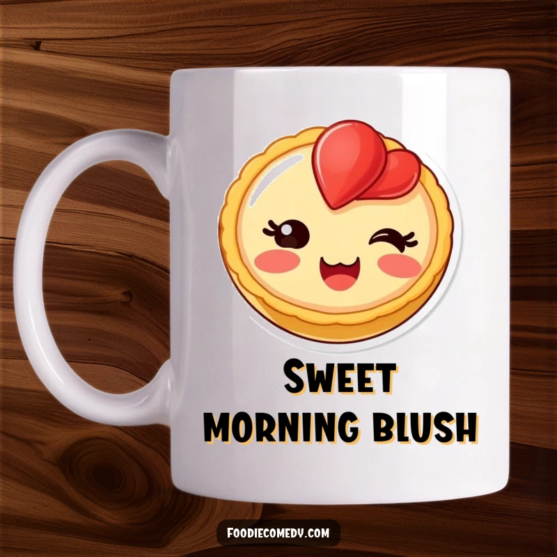 Funny blushing fruit tart mug with a delighted expression, radiating sweetness and charm.
