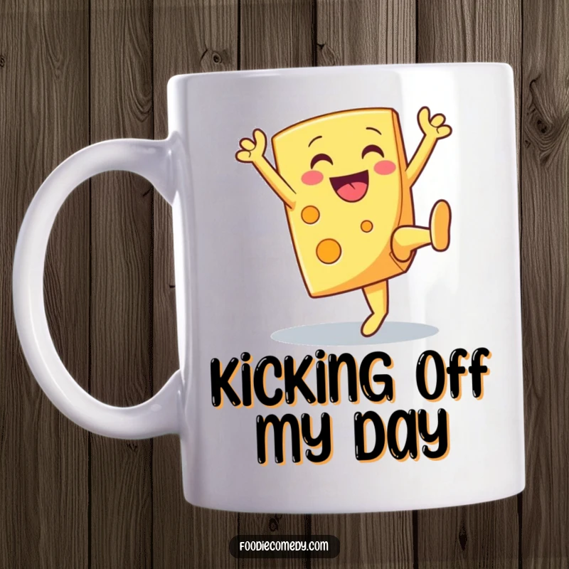 Funny smiling cheese wedge doing a high kick, a cartoon character celebrating on a coffee mug.