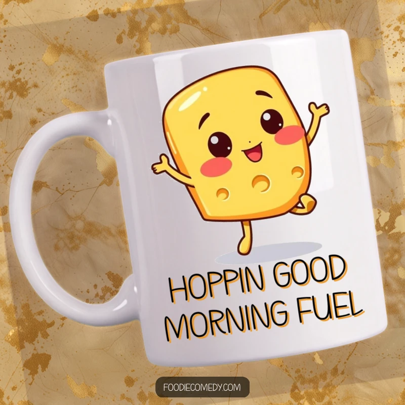 Funny mug with a cheerful cheese slice character doing an energetic bouncy hop, radiating pure happiness. A delightful gift for cheese lovers.
