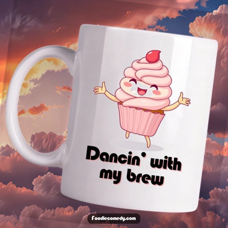 Funny mug showing a delighted cupcake joyfully performing a whimsical folk dance with a happy expression.