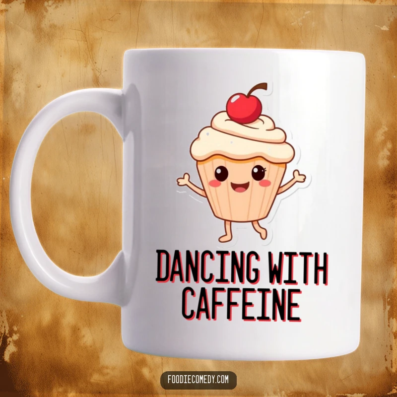 Funny mug featuring a smiling cupcake with a cherry on top, joyfully doing a little dance, radiating pure happiness.
