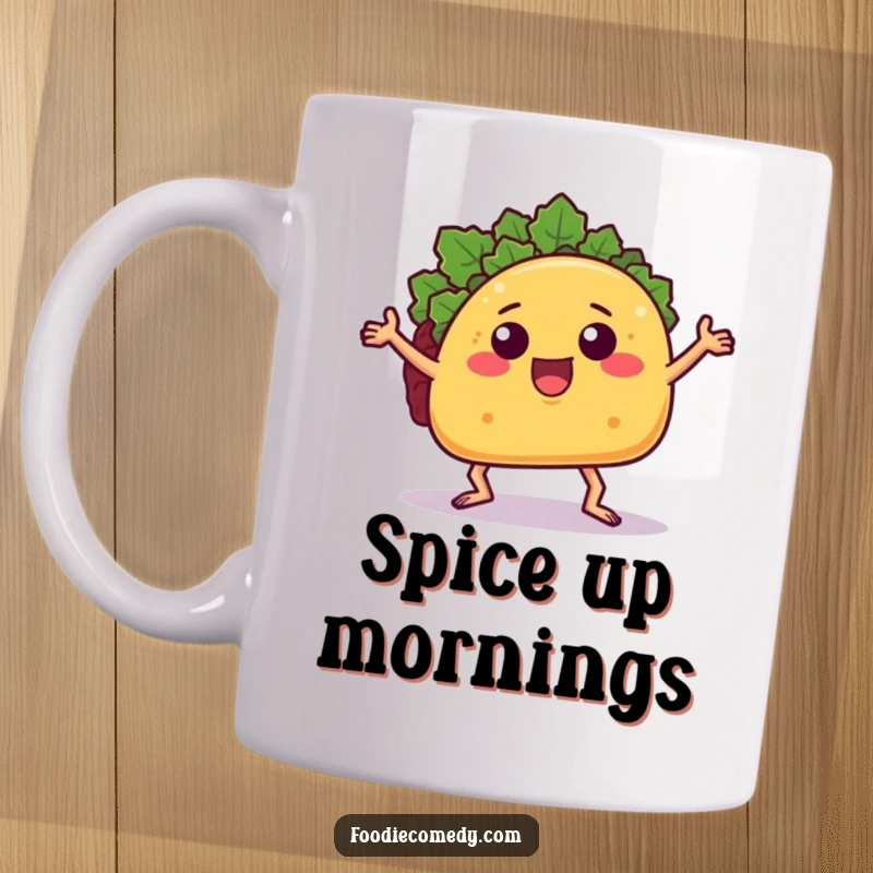 Funny taco mug featuring a cartoon taco with arms and legs doing a groovy dance move, radiating food and dance humor.