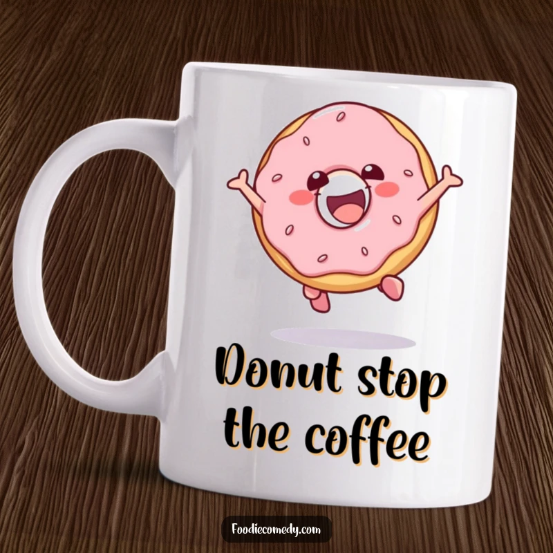 Funny mug with a gleeful donut character leaping joyfully in the air.