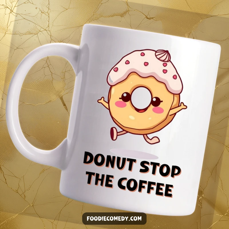 Funny donut mug with frosting hair, joyfully skipping with an infectious smile.