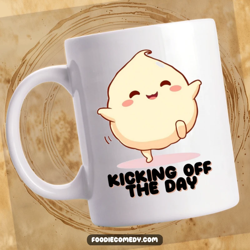 Funny dumpling mug with cartoon legs, performing a happy kick, full of energy and delicious charm.