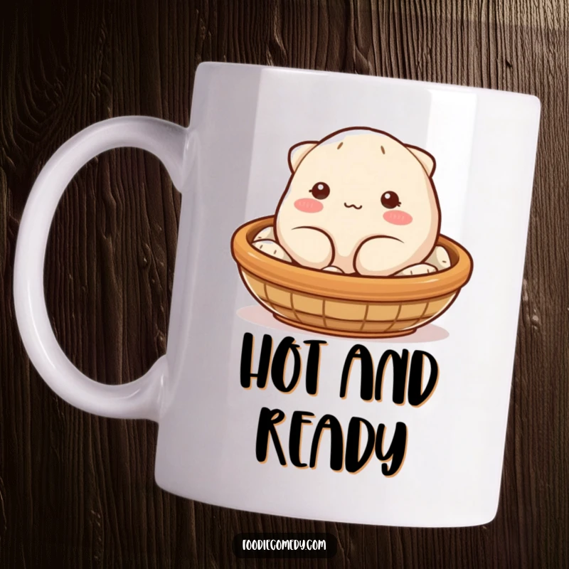 Funny dumpling mug with a blushing, plump character winking from a steaming basket, conveying playful charm and delicious humor.
