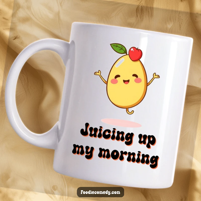 Funny mug with a vibrant piece of fruit character cheerfully doing a merry jig.