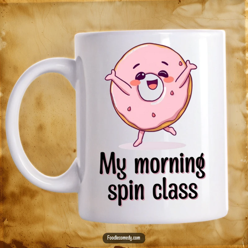 Funny donut breakdancing with a giggle, a cartoon character in a dynamic pose on a coffee mug.