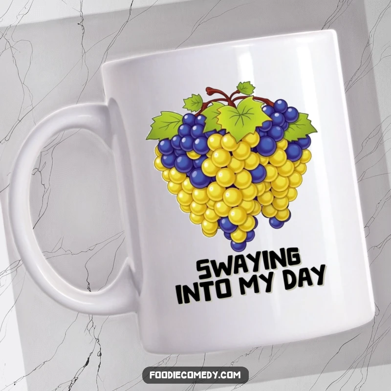 Funny mug featuring a lively bunch of grapes in perfect synchronized sway, radiating cheerful energy and a love for rhythm.