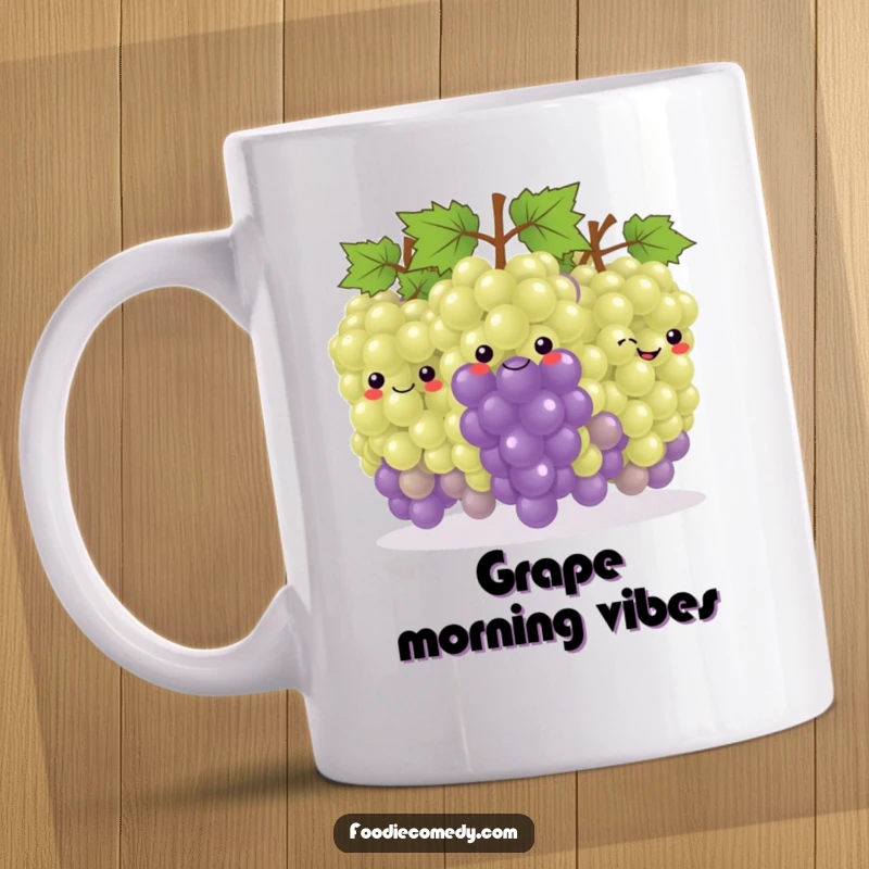 Funny Grape Conga Mug: A smiling bunch of grapes in a conga line, looking cheerful and ready to party together.
