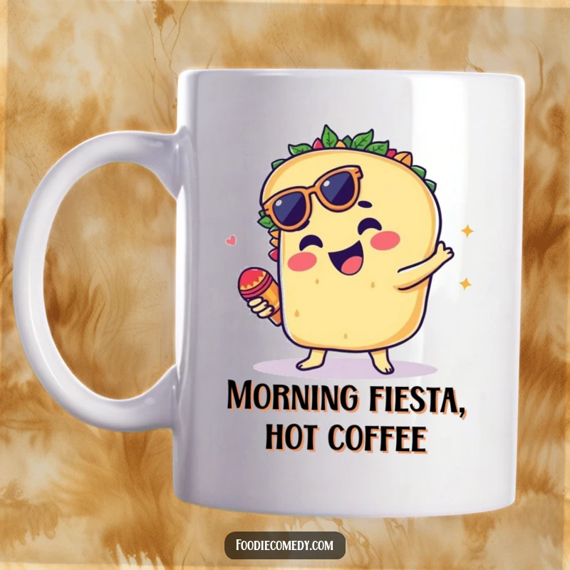 Funny mug showing a groovy taco dancing and shaking tiny maracas with enthusiasm.