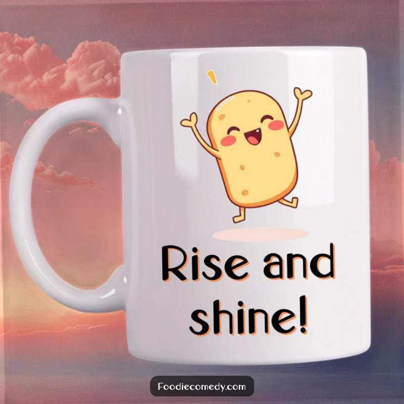 Funny mug showcasing a happy bread roll energetically doing a celebratory jig, radiating pure, baked delight.