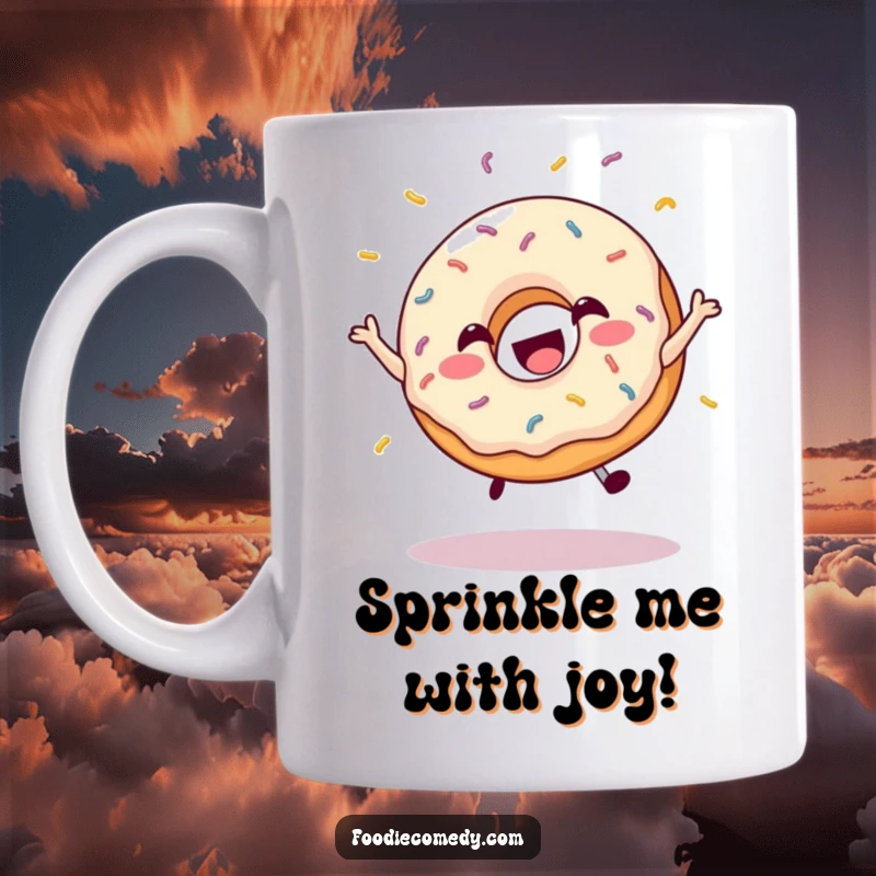 Funny mug with a happy donut mid-leap, sprinkles flying, radiating pure joy and fun.