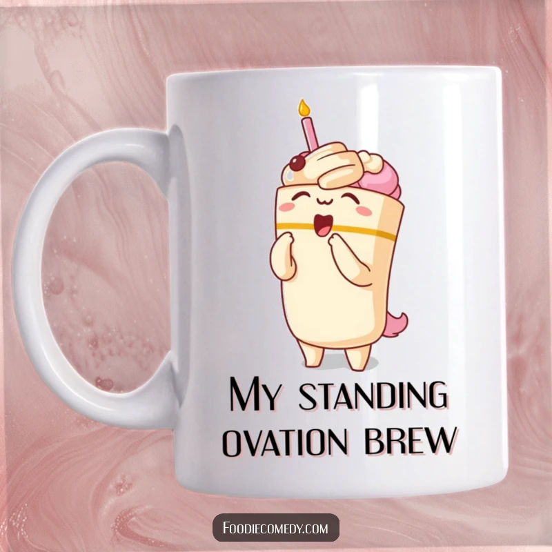 Funny mug featuring a kawaii cake character taking a grand opera bow with dramatic flair, perfect for music lovers.