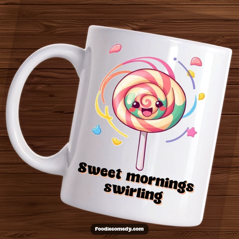 Funny kawaii lollipop joyfully spinning with colorful swirls on this mug, a sweet and humorous gift.