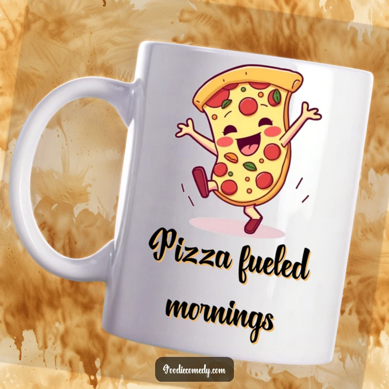 Funny pizza mug, a slice breakdancing with lively toppings, embodying energetic and delicious fun.