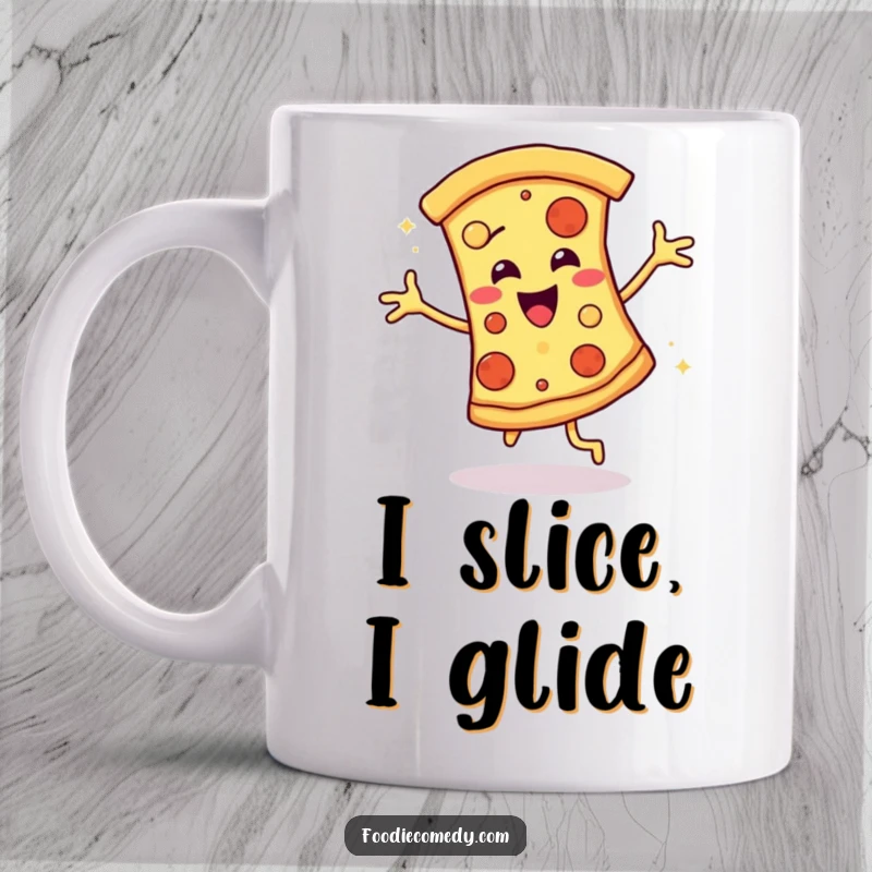 Funny pizza slice mug doing a funky disco dance with a wide smile, spreading joy and cheesy vibes for a hilarious gift.