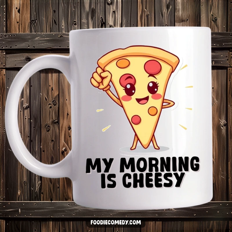 Funny pizza slice mug with a heroic pose, celebrating a love for pizza and funny gifts.