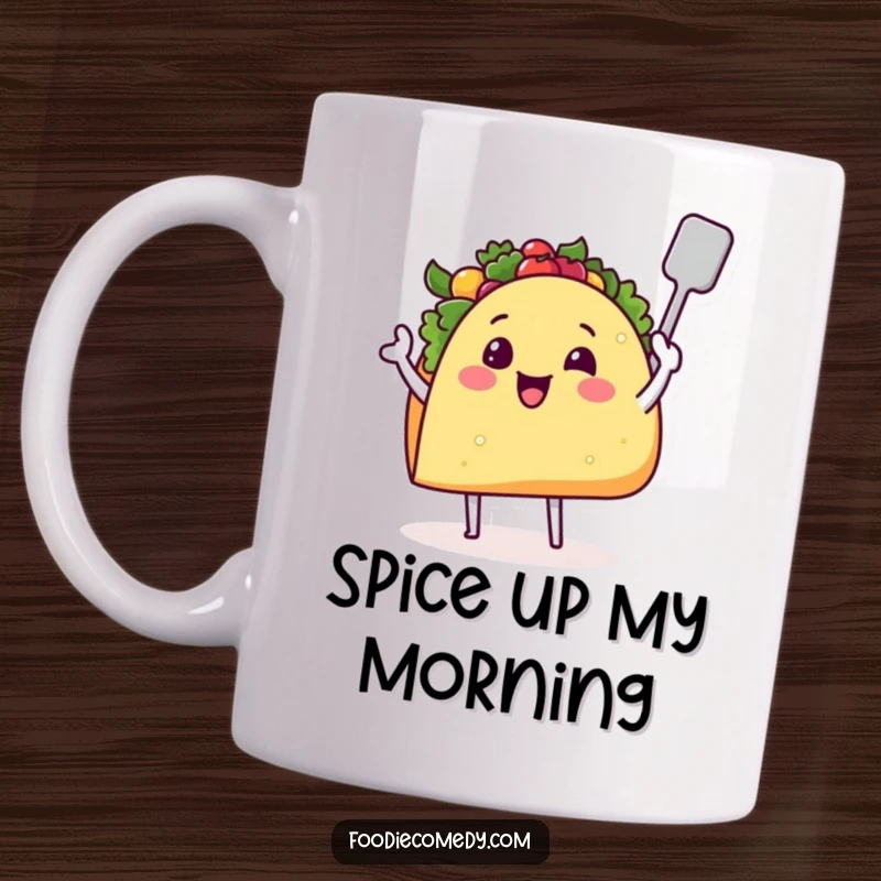 Funny smiling taco character with tiny legs and a spatula, enthusiastically ready to cook up delicious meals.