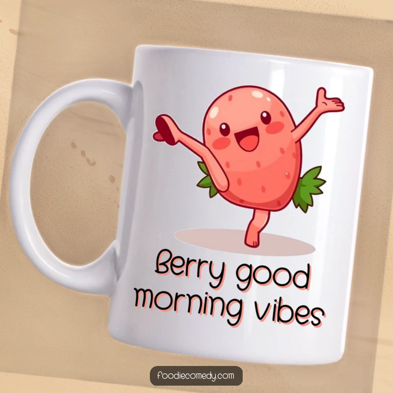 Funny mug featuring a strawberry character with arms mid-cartwheel, showcasing its energetic and playful personality. Perfect for lovers of fruit and quirky gifts.