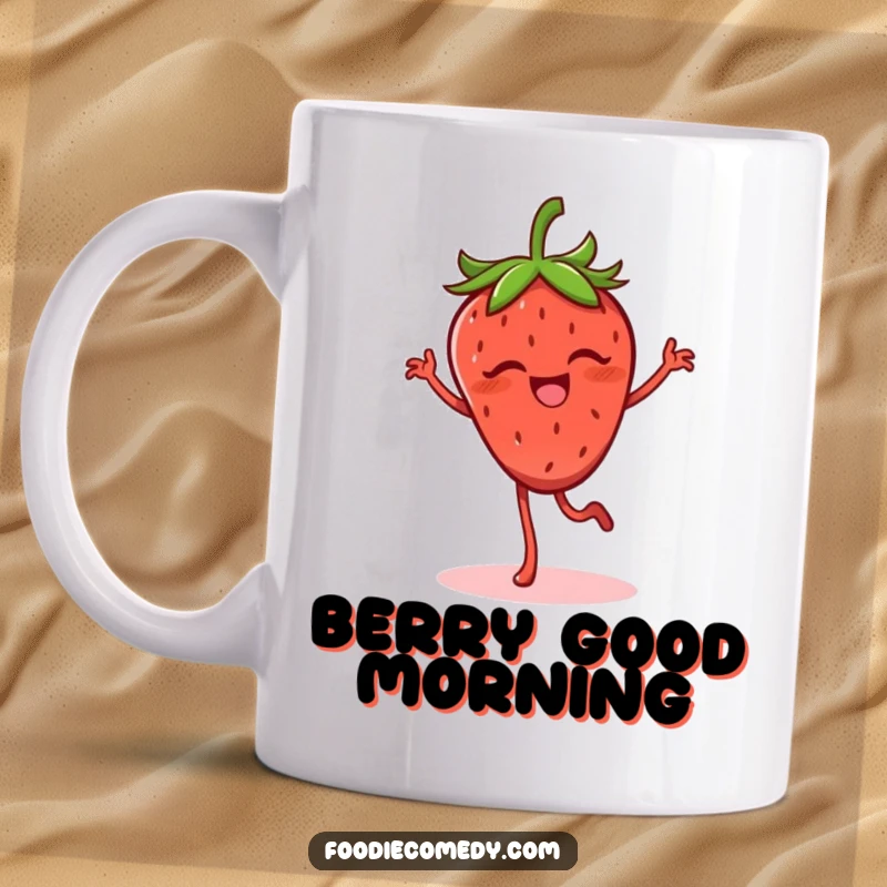 Funny strawberry mug featuring a giggling strawberry with legs doing a lively flamenco step, a delightful funny gift.
