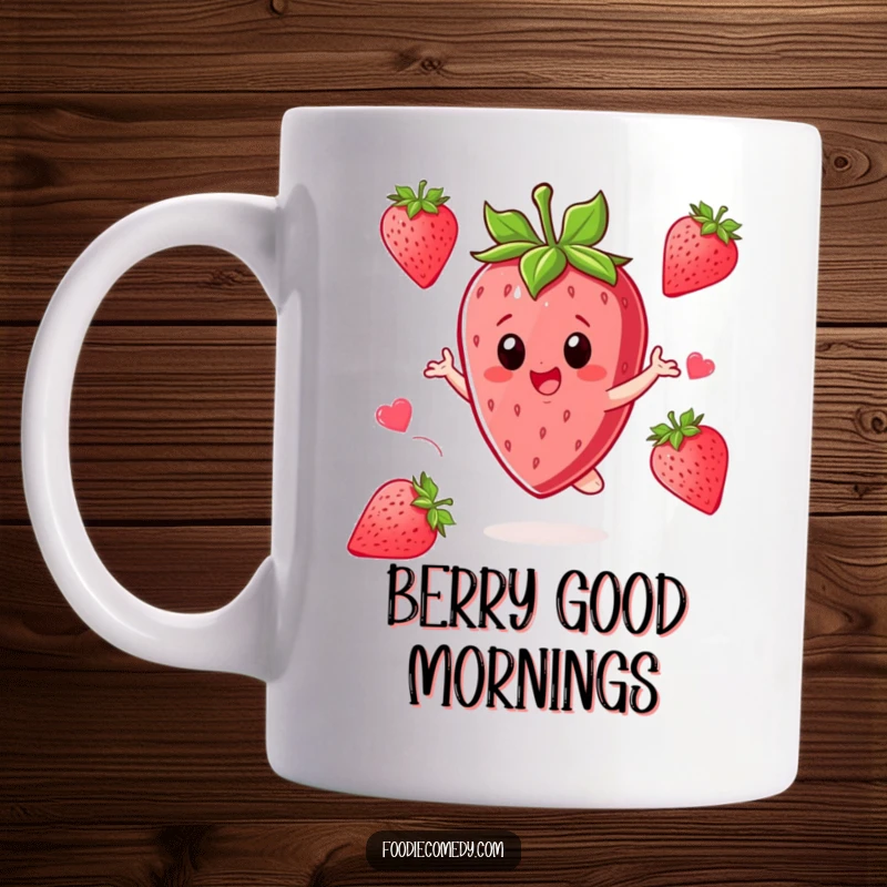 Funny Strawberry Mug: A happy strawberry character spins with excitement, radiating pure joy and sweetness.