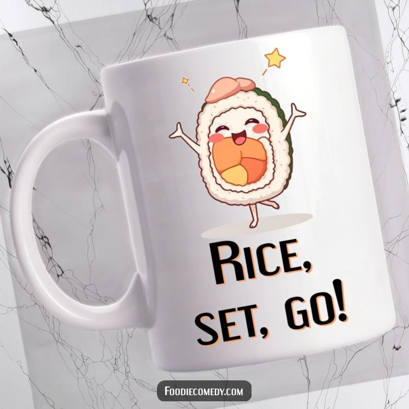 Funny mug featuring a joyful sushi roll performing an exaggerated ballet pose with comedic flair, perfect for a laugh.