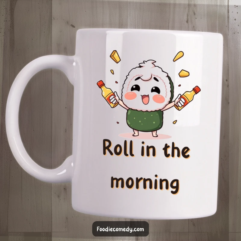 Funny sushi character enthusiastically juggling spicy mayo bottles, showcasing a skilled and comical culinary performer.