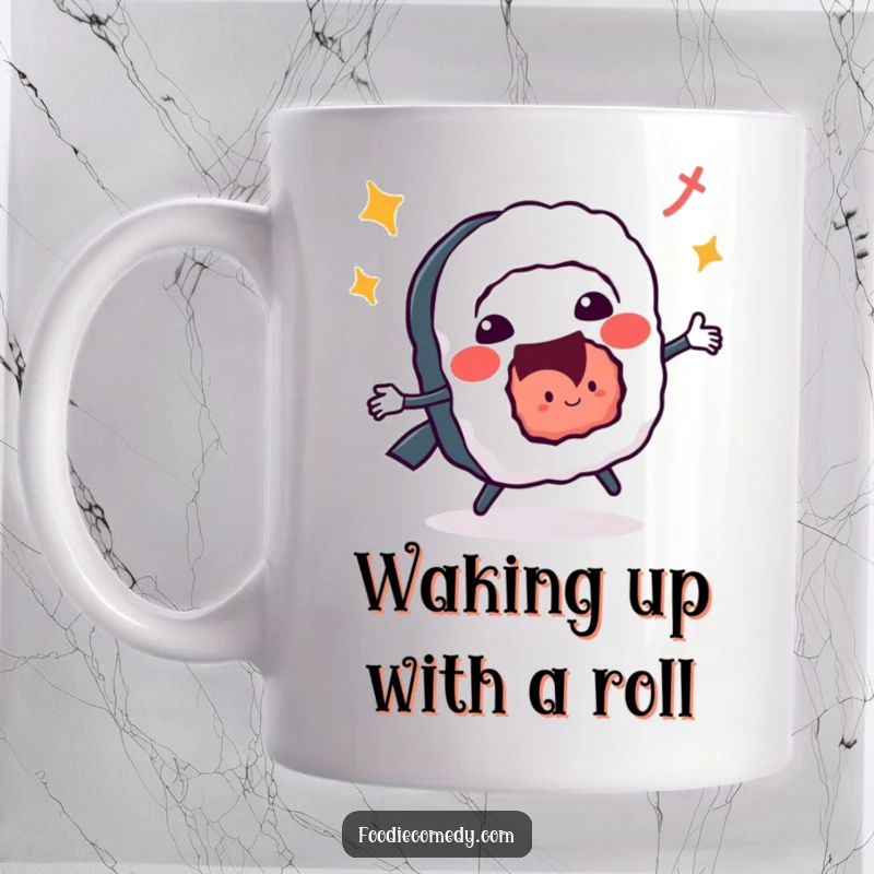 Funny cheerful sushi roll mug doing a vibrant jitterbug dance, radiating happiness and delicious energy.