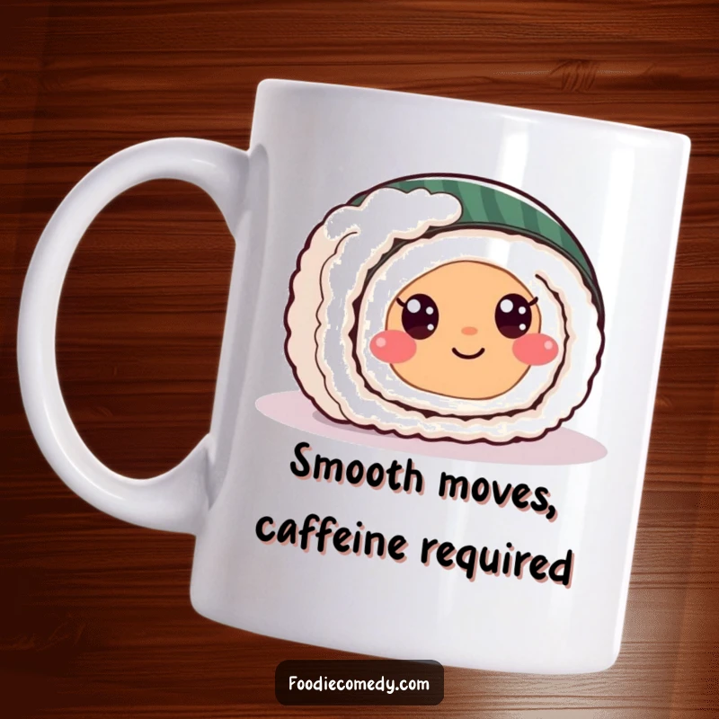 Funny sushi roll mug illustration of a happy sushi character with eyes sliding playfully across a smooth floor surface.