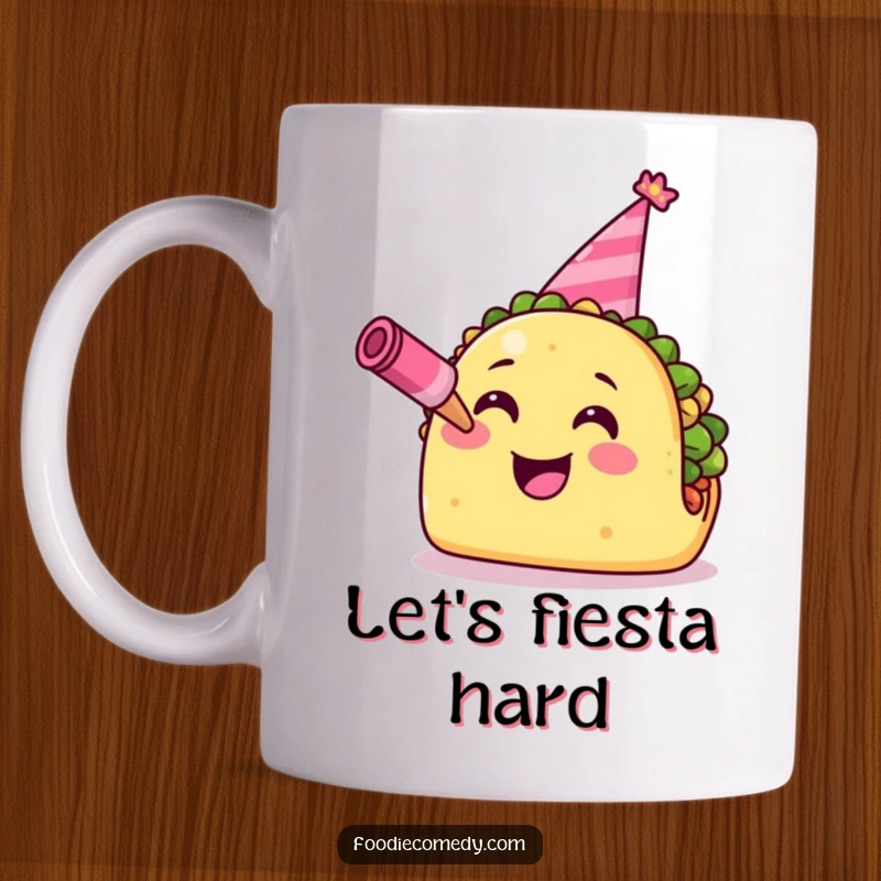Funny Taco Mug: A smiling taco wearing a party hat and blowing a horn, ready to kick off a fiesta of flavor.