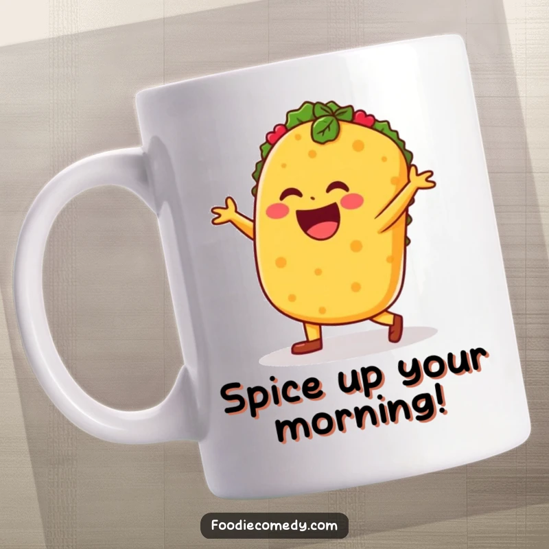Funny taco mug, joyful taco character doing a lively salsa dance, vibrant and fun food art.
