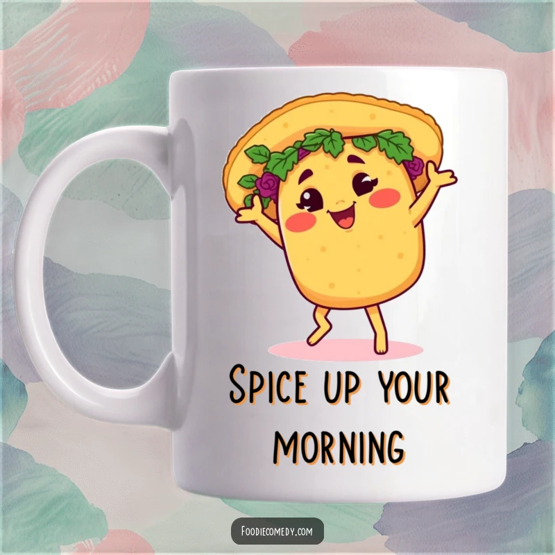 Funny taco mug, cheerfully doing a lively salsa dance with a playful wink, embodying festive energy.