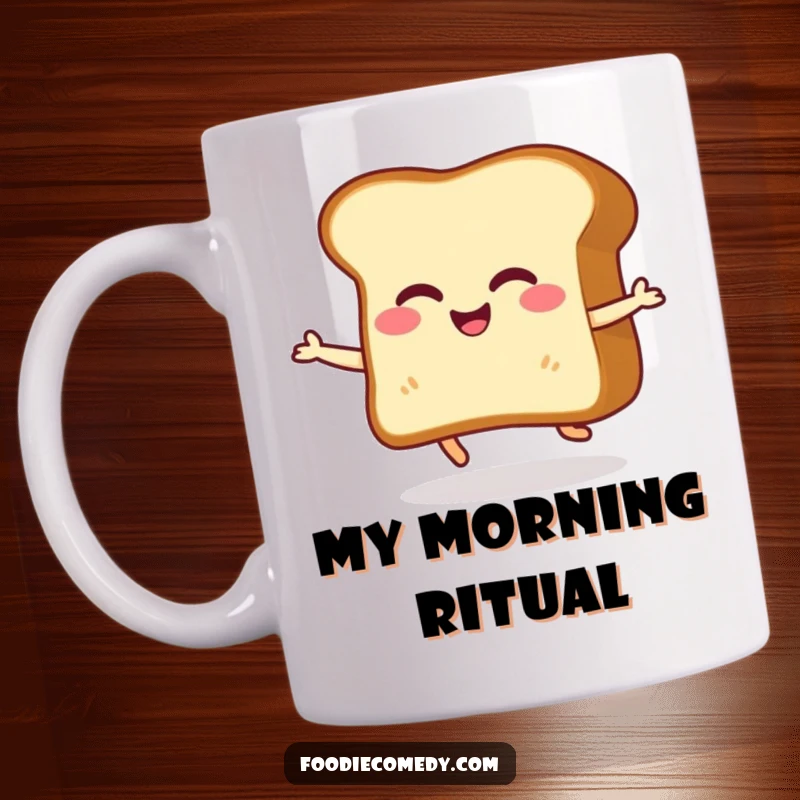 Funny toast mug showing a giggling slice of bread doing a happy little shuffle, full of breakfast-themed joy and humor.