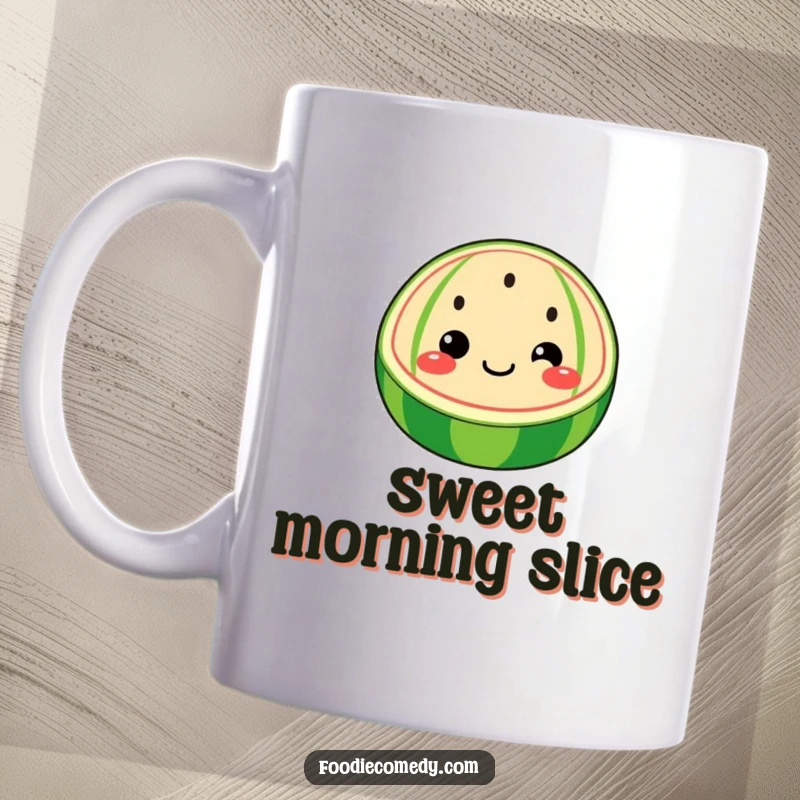 Funny watermelon mug featuring a whimsical watermelon slice with a face wiggling its seeds, a delightful funny gift.