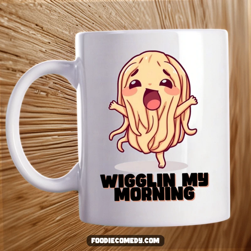 Funny wiggling noodle mug doing a silly dance, celebrating pasta and fun moves.