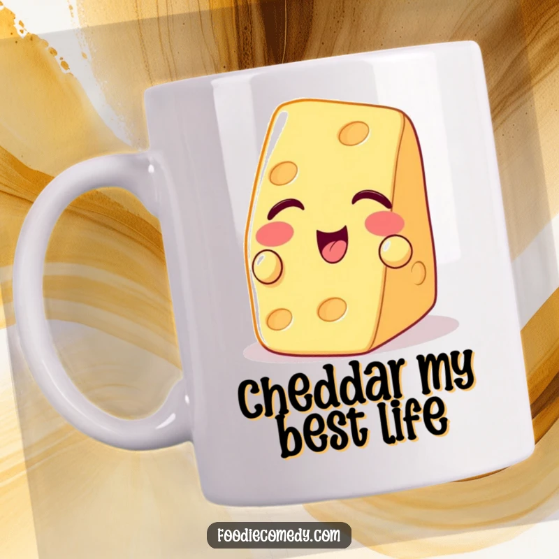 Funny mug featuring a playful piece of cheese winking with a cracker, exuding cheesy charm.
