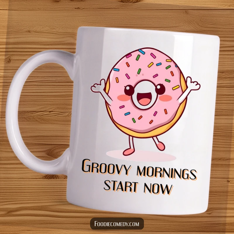 Funny Donut Mug: A cheerful donut character with colorful sprinkles dances energetically, spreading joy and fun.