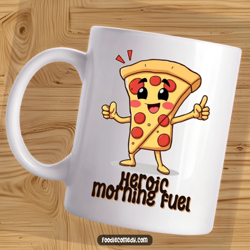 Funny pizza slice mug with a proud character striking a heroic pose, celebrating deliciousness and bravery.